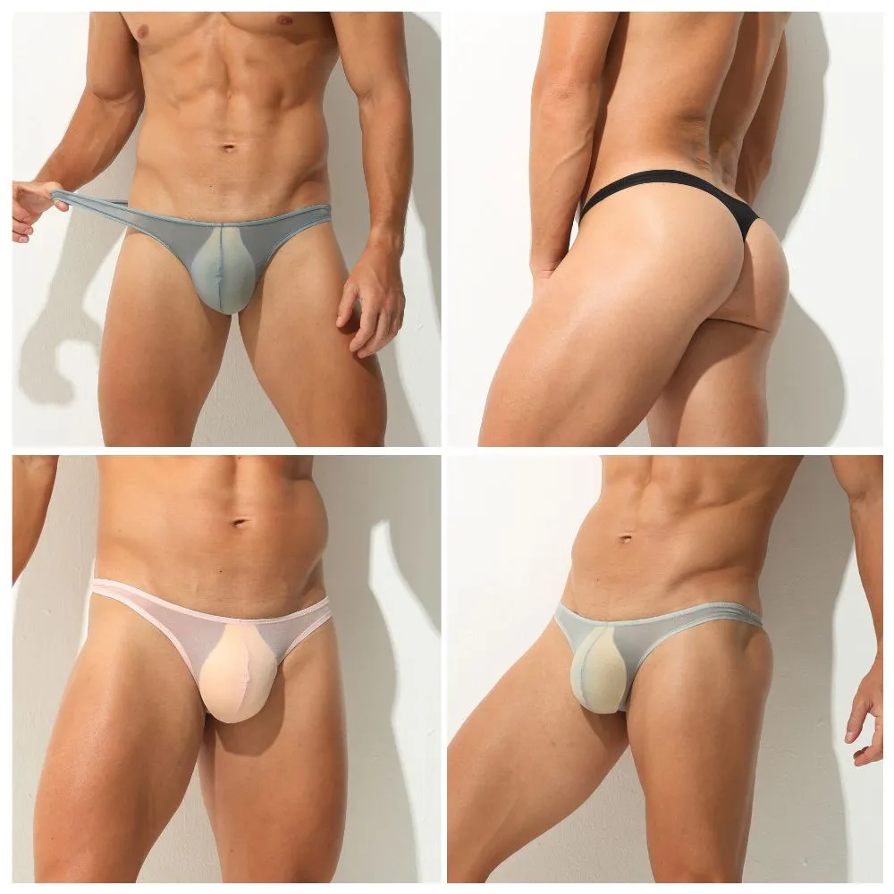 Men's Ultra Thin Mesh Ice Silk Thongs Up to Size XXL (5-Pack) JEWYEE 023RDK