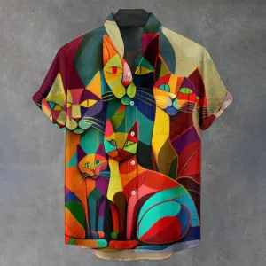 Men's Vintage Cat Art Print Casual 100% Cotton Shirt 2408002319