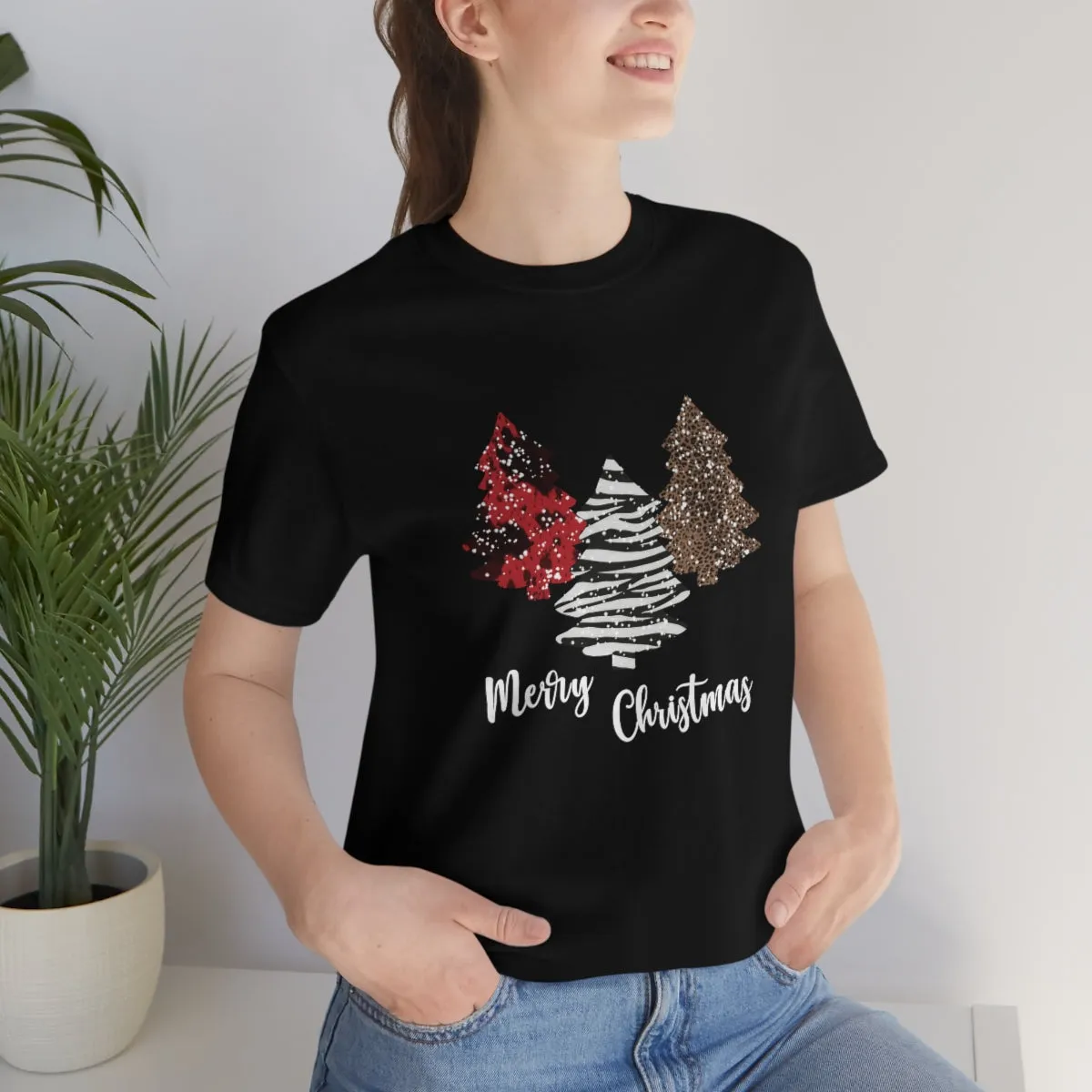 Merry Christmas with trees and snow-Unisex Jersey Short Sleeve Tee