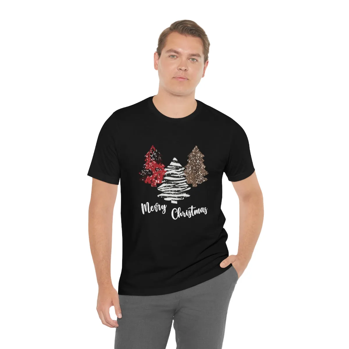 Merry Christmas with trees and snow-Unisex Jersey Short Sleeve Tee