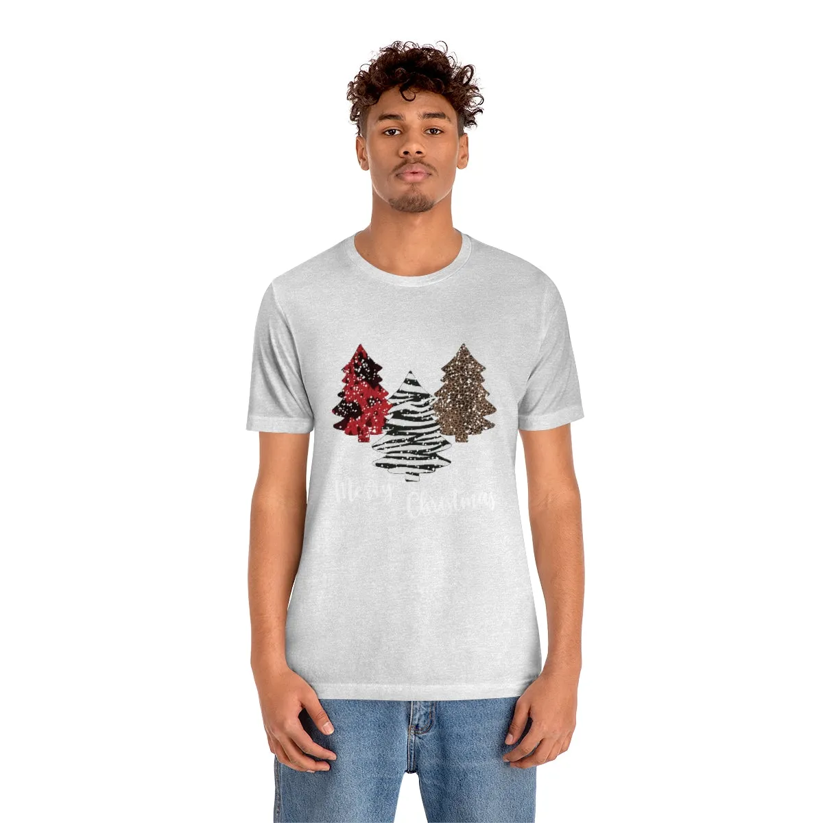 Merry Christmas with trees and snow-Unisex Jersey Short Sleeve Tee