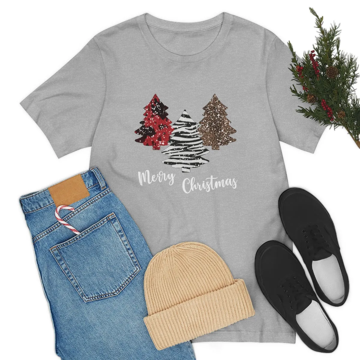 Merry Christmas with trees and snow-Unisex Jersey Short Sleeve Tee