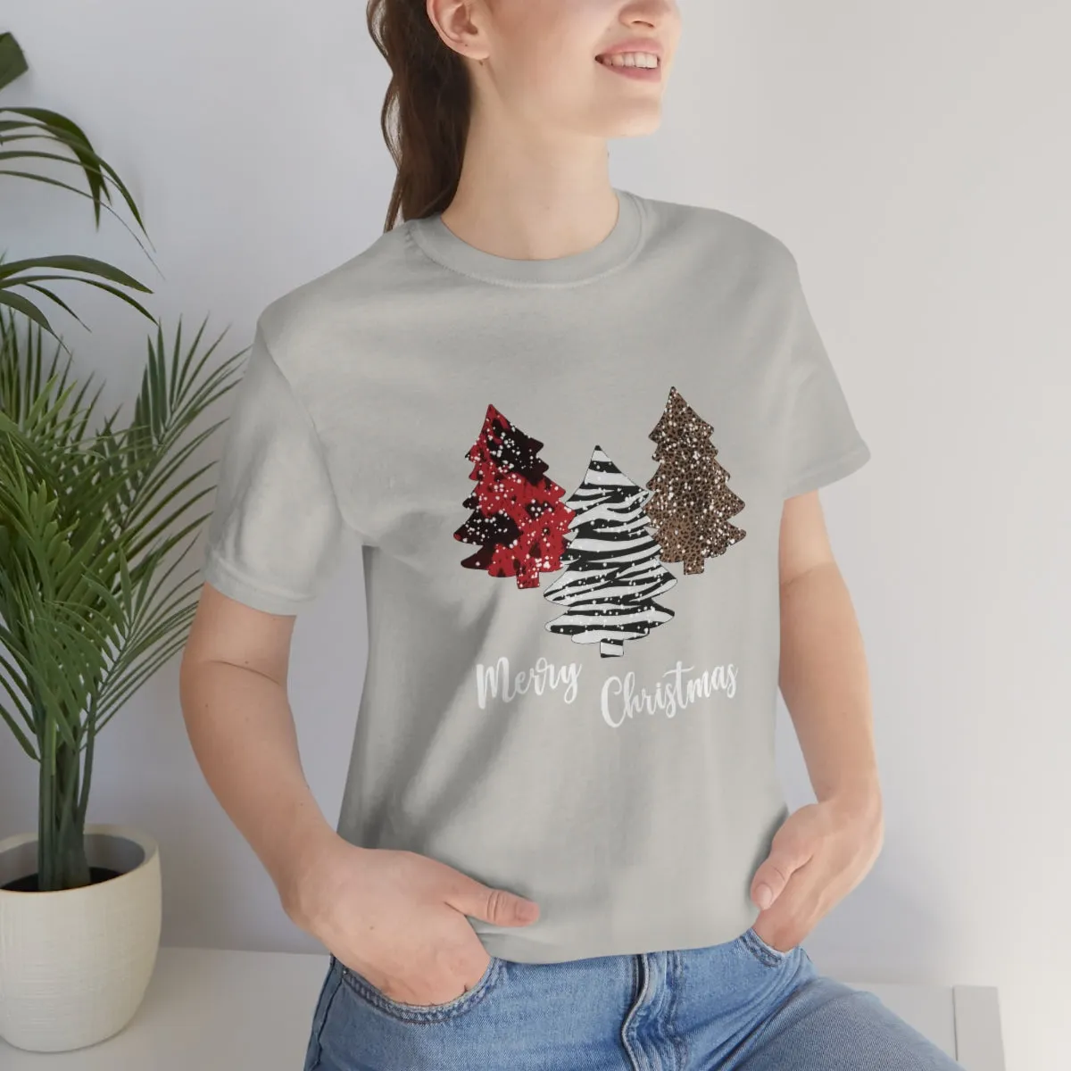 Merry Christmas with trees and snow-Unisex Jersey Short Sleeve Tee