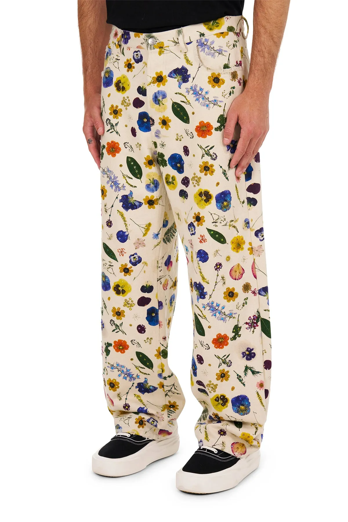 NAHMIAS | FLORAL DENIM BEADED BAGGY JEANS