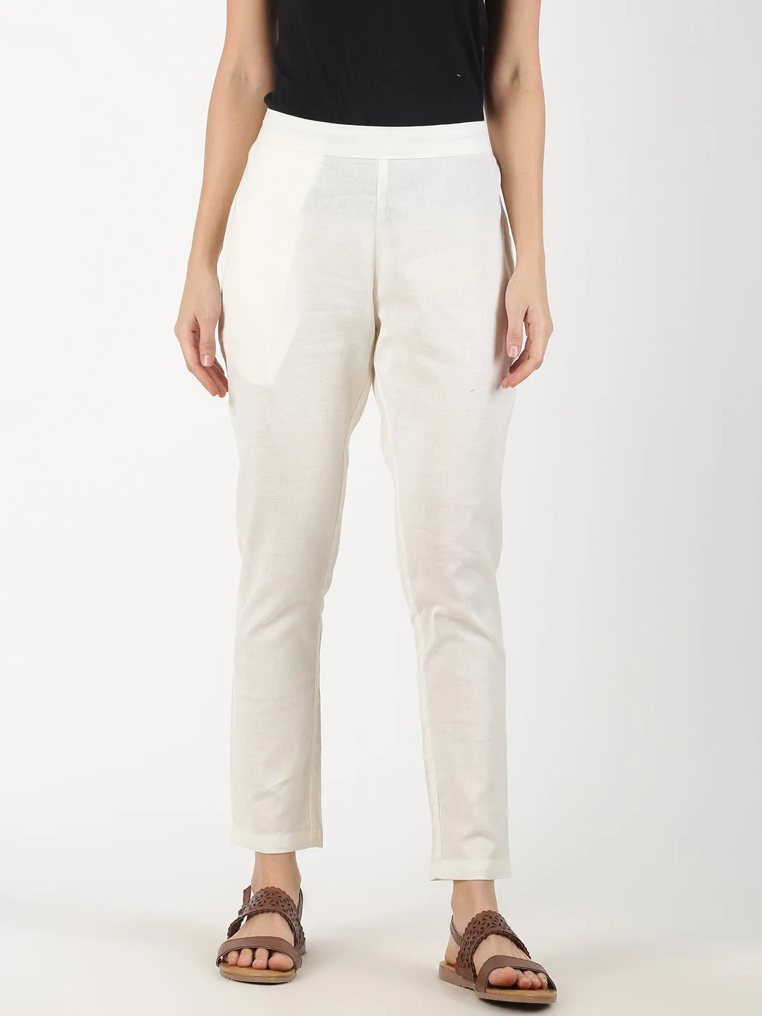 Off White Cotton Flax Straight Pant with Side Pocket