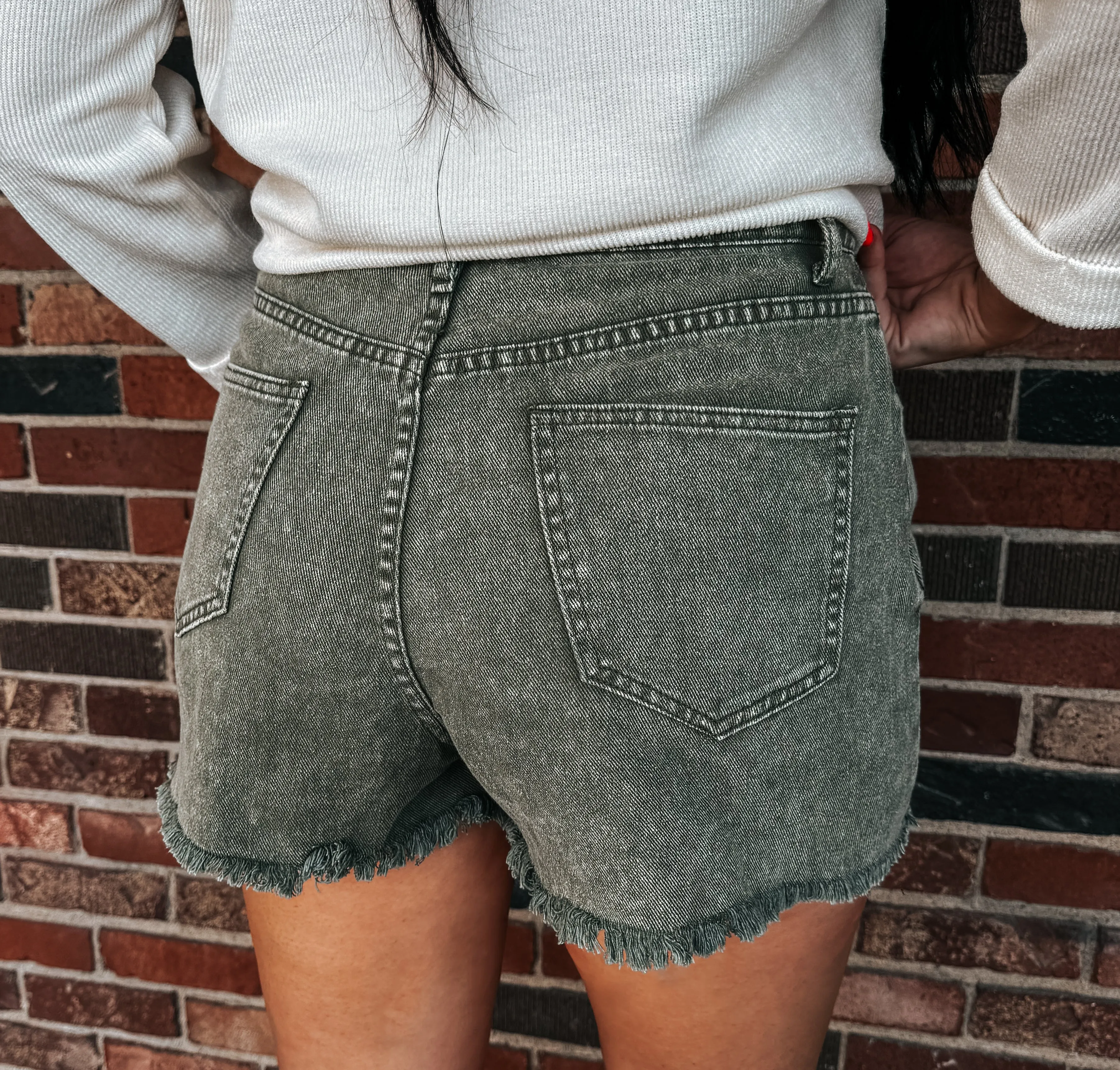 Olive Distressed Denim Shorts