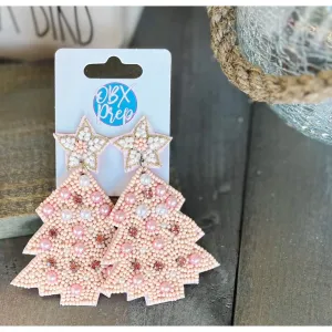 Pink Christmas Tree Seed Beaded Drop Earrings.