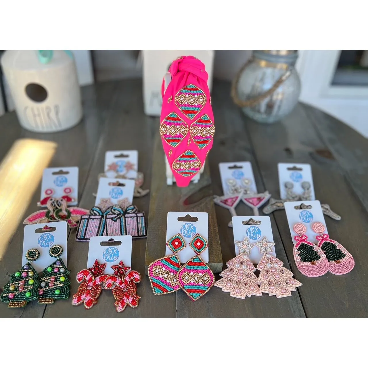 Pink Christmas Tree Seed Beaded Drop Earrings.