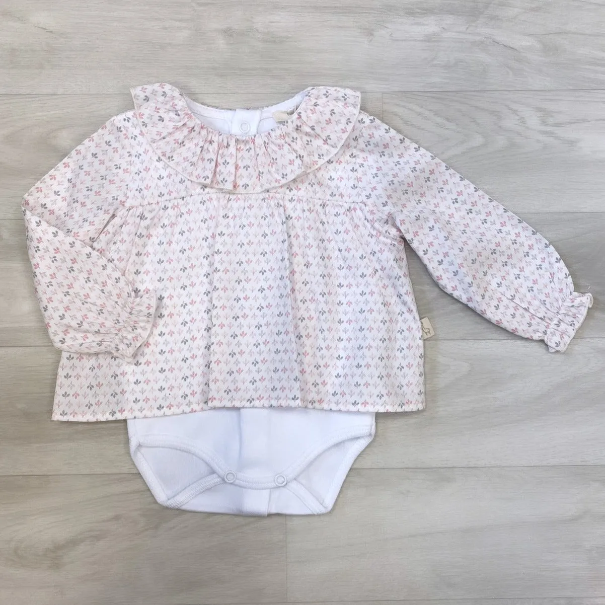 Pink Leaf Print Cotton Blouse Bodysuit