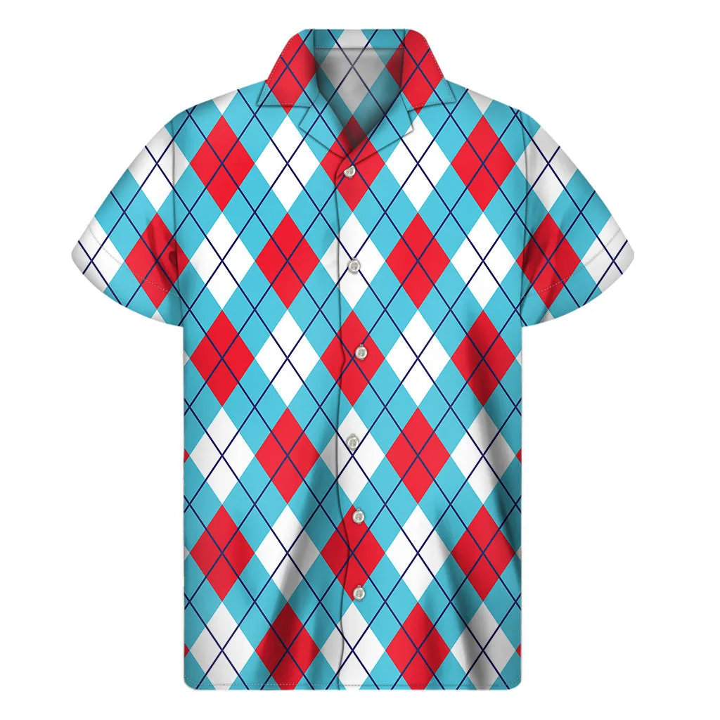 Red, Blue, and White Argyle Hawaiian Short Sleeve Shirt