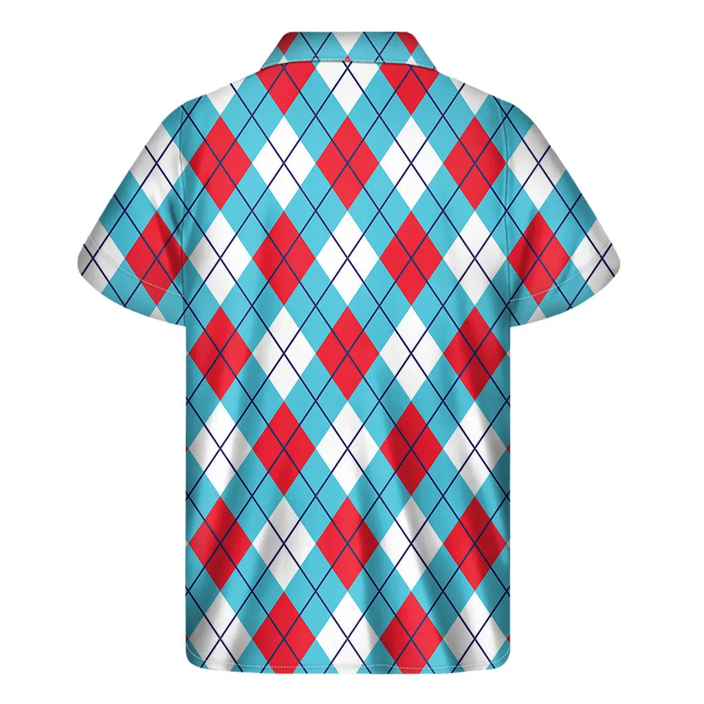 Red, Blue, and White Argyle Hawaiian Short Sleeve Shirt