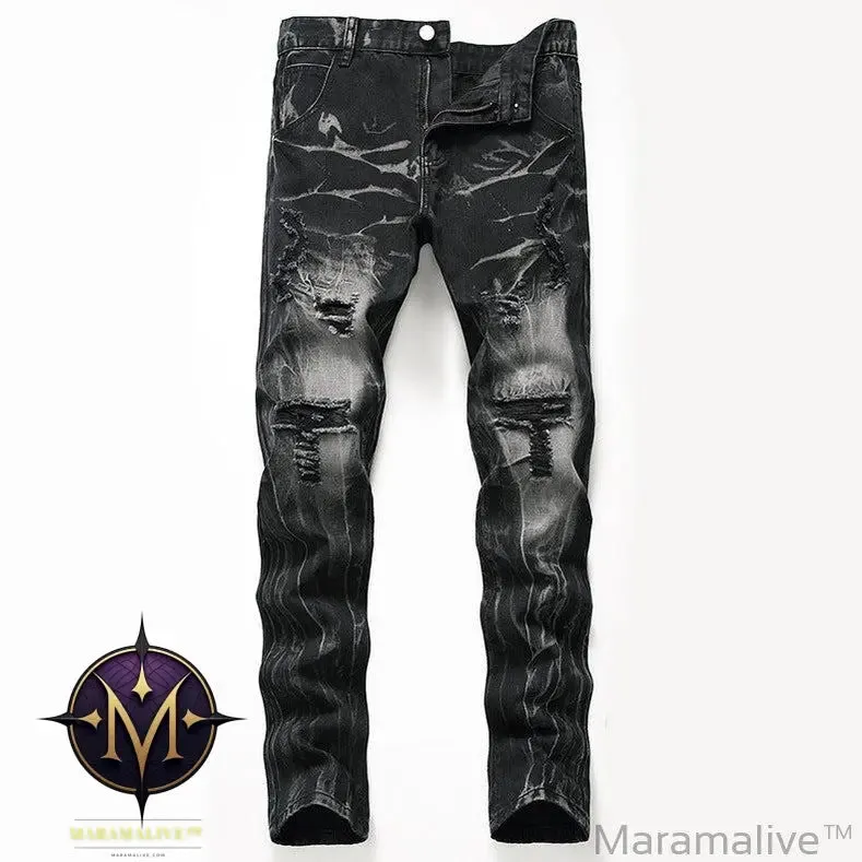 Ripped Black Jeans Men's Autumn And Winter Plus Size Straight-leg Denim Denim Trousers