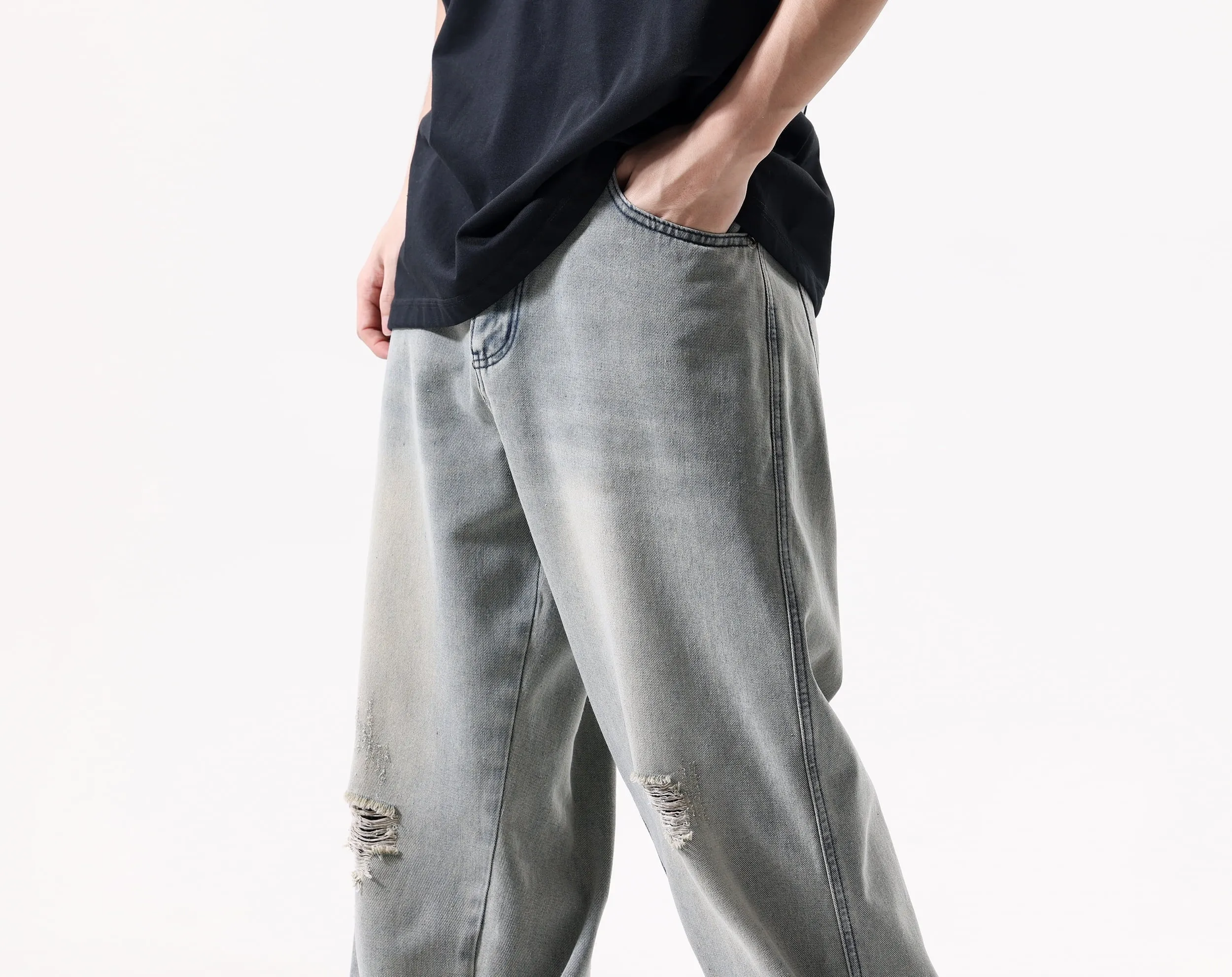 Ruiatoo Men's Baggy Denim Jeans Loose Fit Ripped Distressed Jean Hip Hop Vintage Skater Dance Pants Streetwear Yellow Brown 36