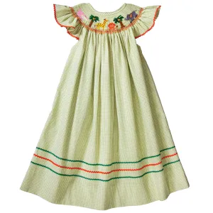 Safari Animals & Coconut Trees Moss Green Gingham Smocked Bishop with Angel Sleeves and RicRac