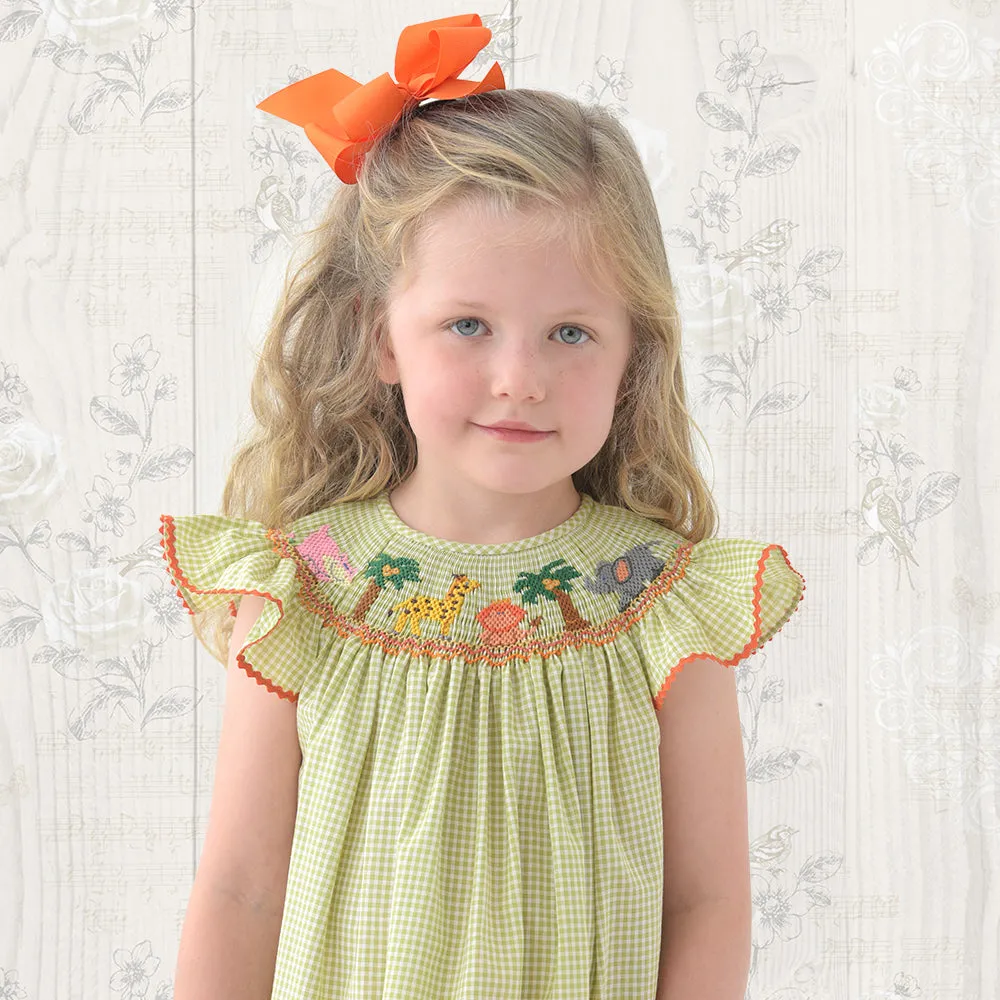 Safari Animals & Coconut Trees Moss Green Gingham Smocked Bishop with Angel Sleeves and RicRac