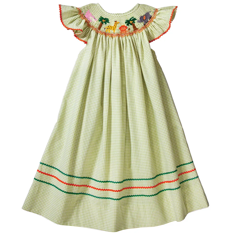 Safari Animals & Coconut Trees Moss Green Gingham Smocked Bishop with Angel Sleeves and RicRac