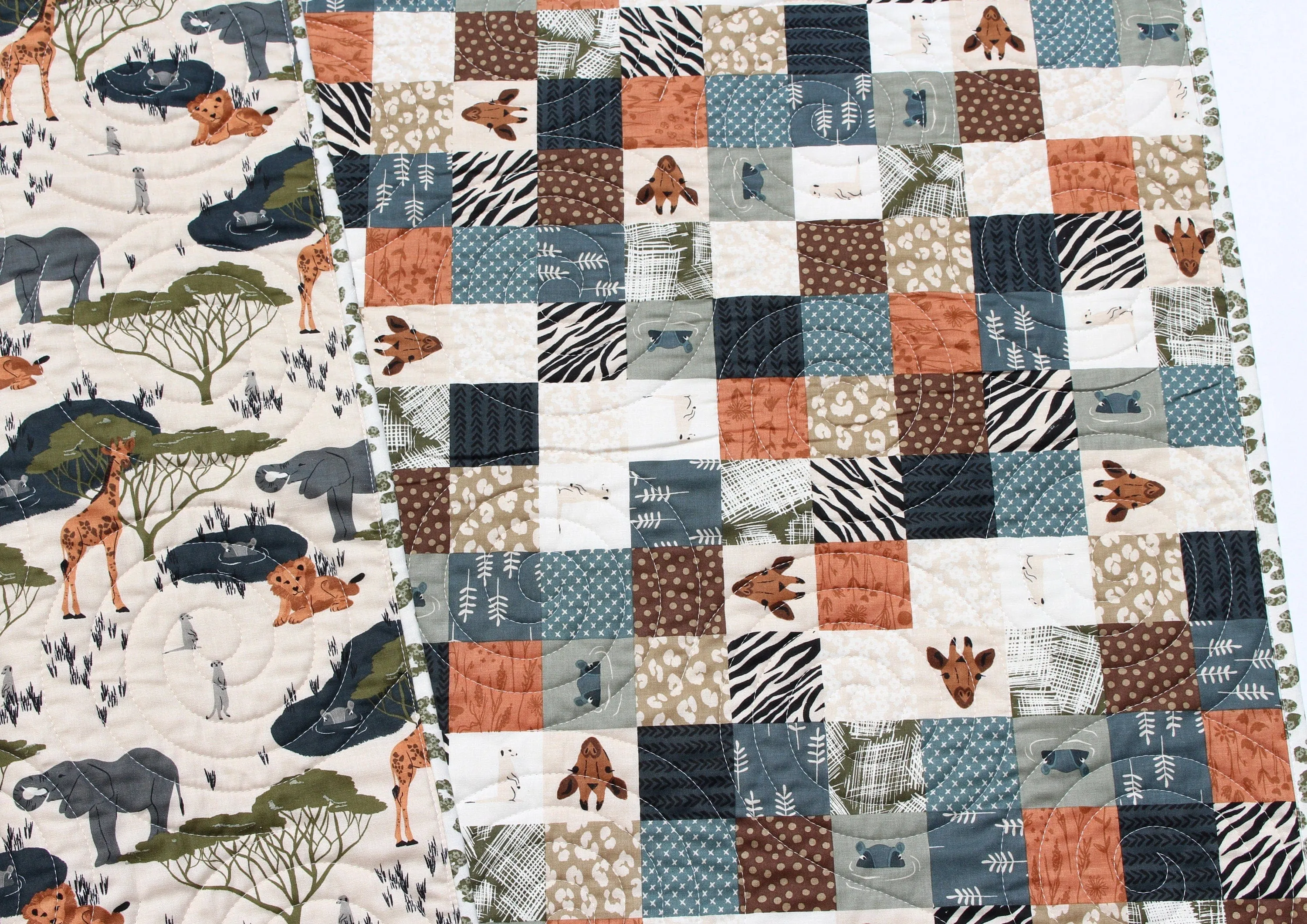 Safari Quilt Nursery Boy or Girl Bedding Jungle Baby Quilt Crib Blanket Crib The Waterhole Safari Animals Giraffes Elephants Lions Hippos
