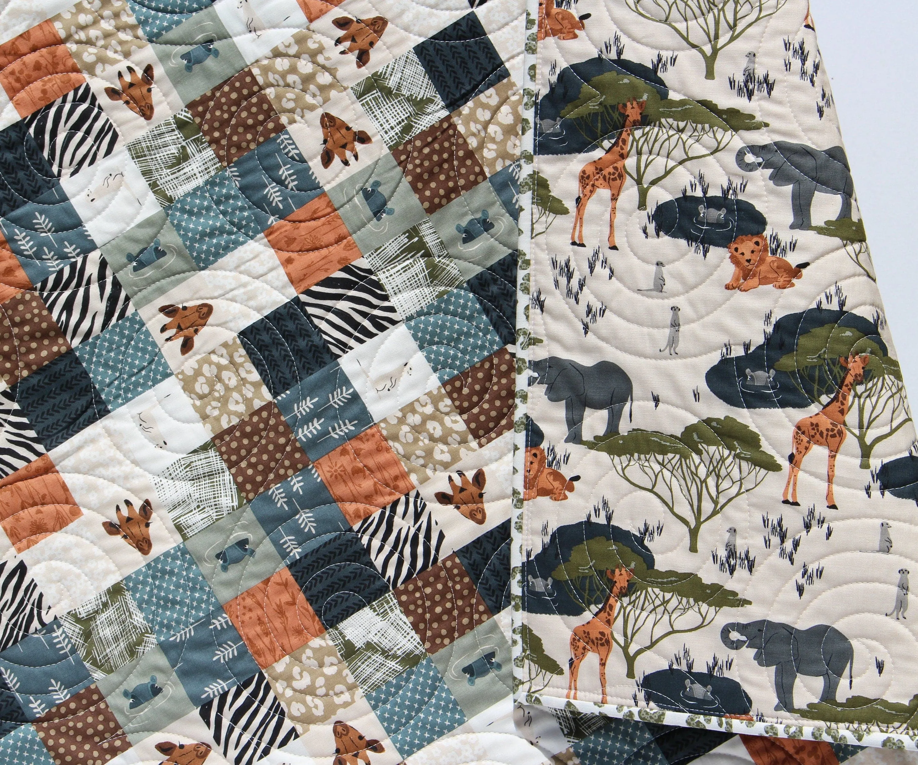 Safari Quilt Nursery Boy or Girl Bedding Jungle Baby Quilt Crib Blanket Crib The Waterhole Safari Animals Giraffes Elephants Lions Hippos
