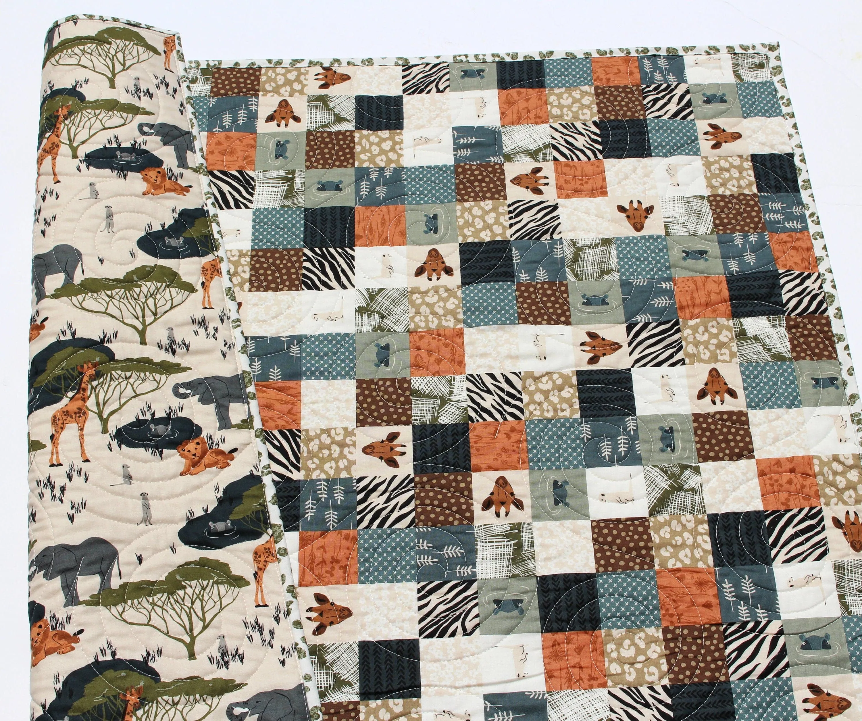 Safari Quilt Nursery Boy or Girl Bedding Jungle Baby Quilt Crib Blanket Crib The Waterhole Safari Animals Giraffes Elephants Lions Hippos