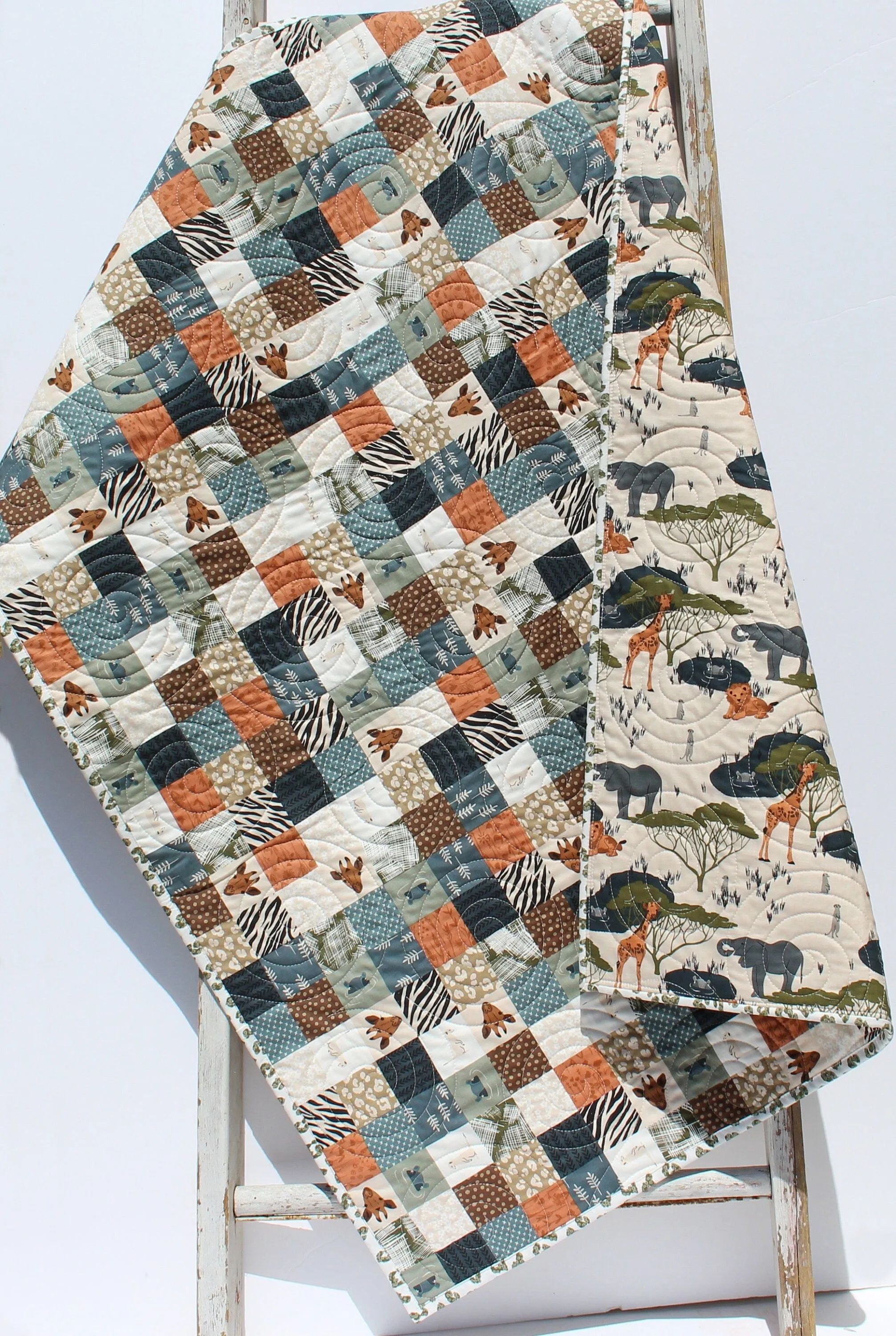 Safari Quilt Nursery Boy or Girl Bedding Jungle Baby Quilt Crib Blanket Crib The Waterhole Safari Animals Giraffes Elephants Lions Hippos