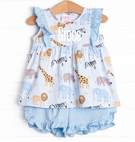 Safari Summer Ruffle Short Set, Blue
