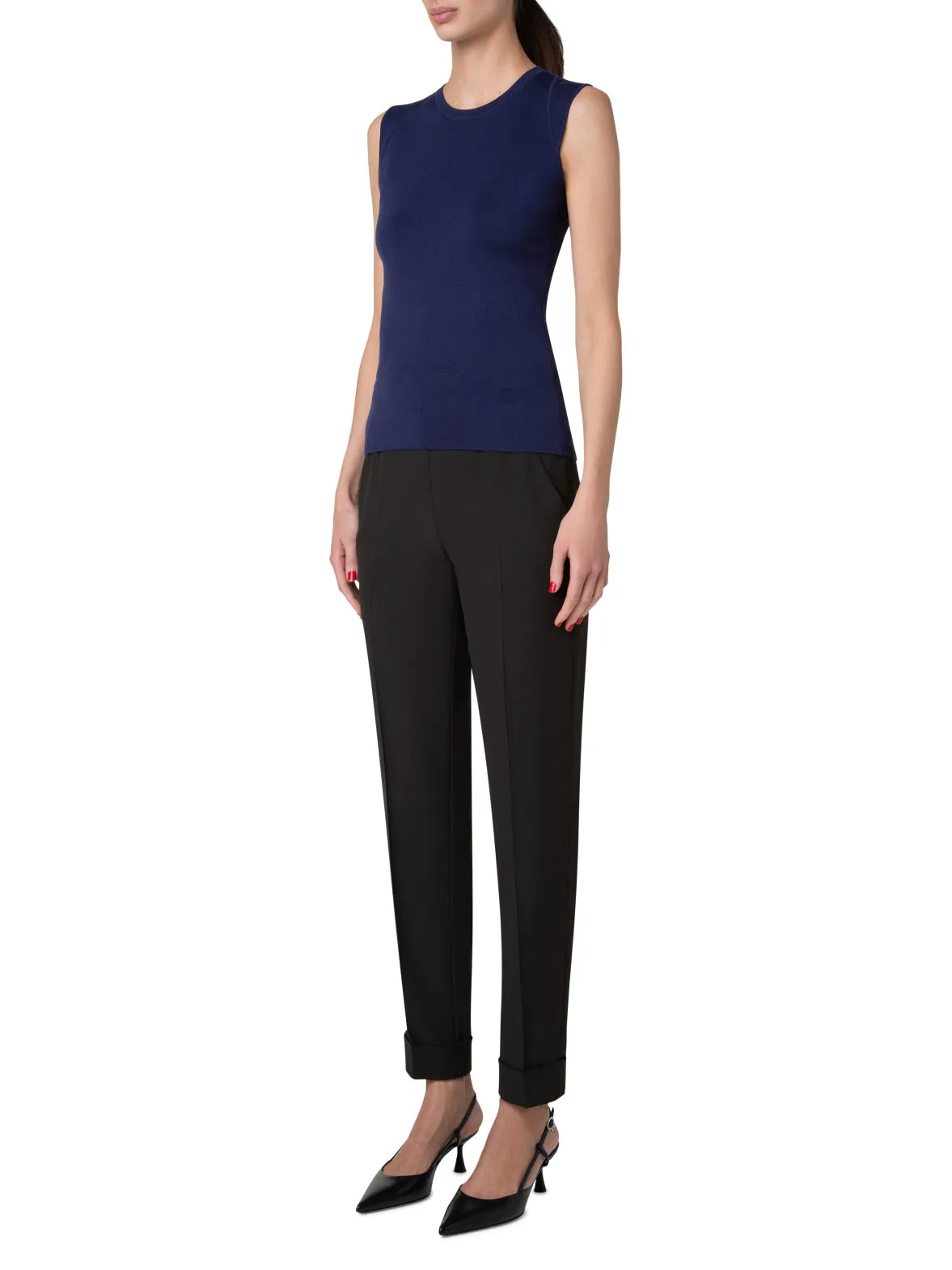 Sleeveless Silk Stretch Knit Top with Crew Neck