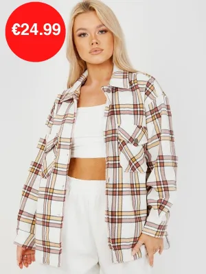 Stone Oversized Checked Shirt Jacket