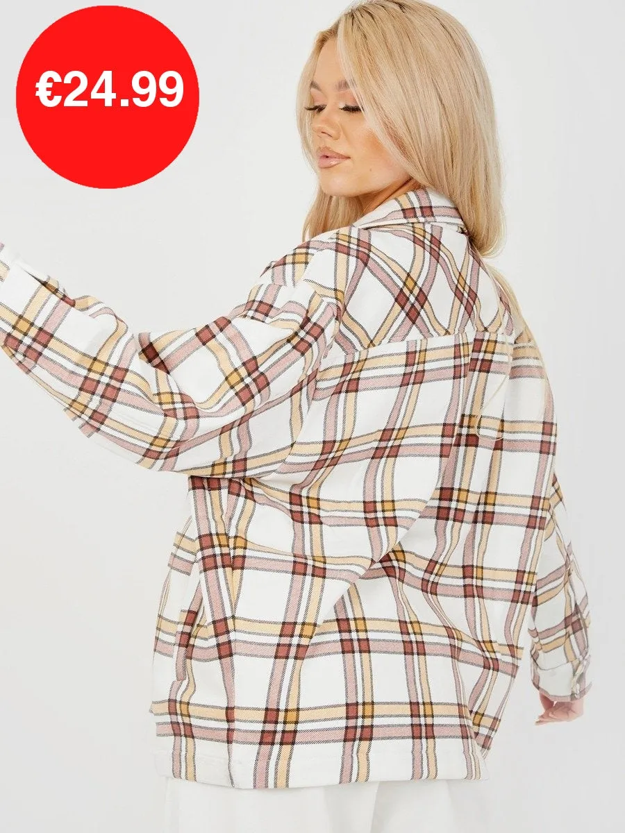 Stone Oversized Checked Shirt Jacket