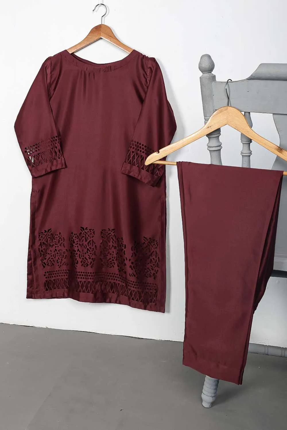 STP-074C-Maroon - 2Pc Silk Laser Cutwork With Silk Trouser