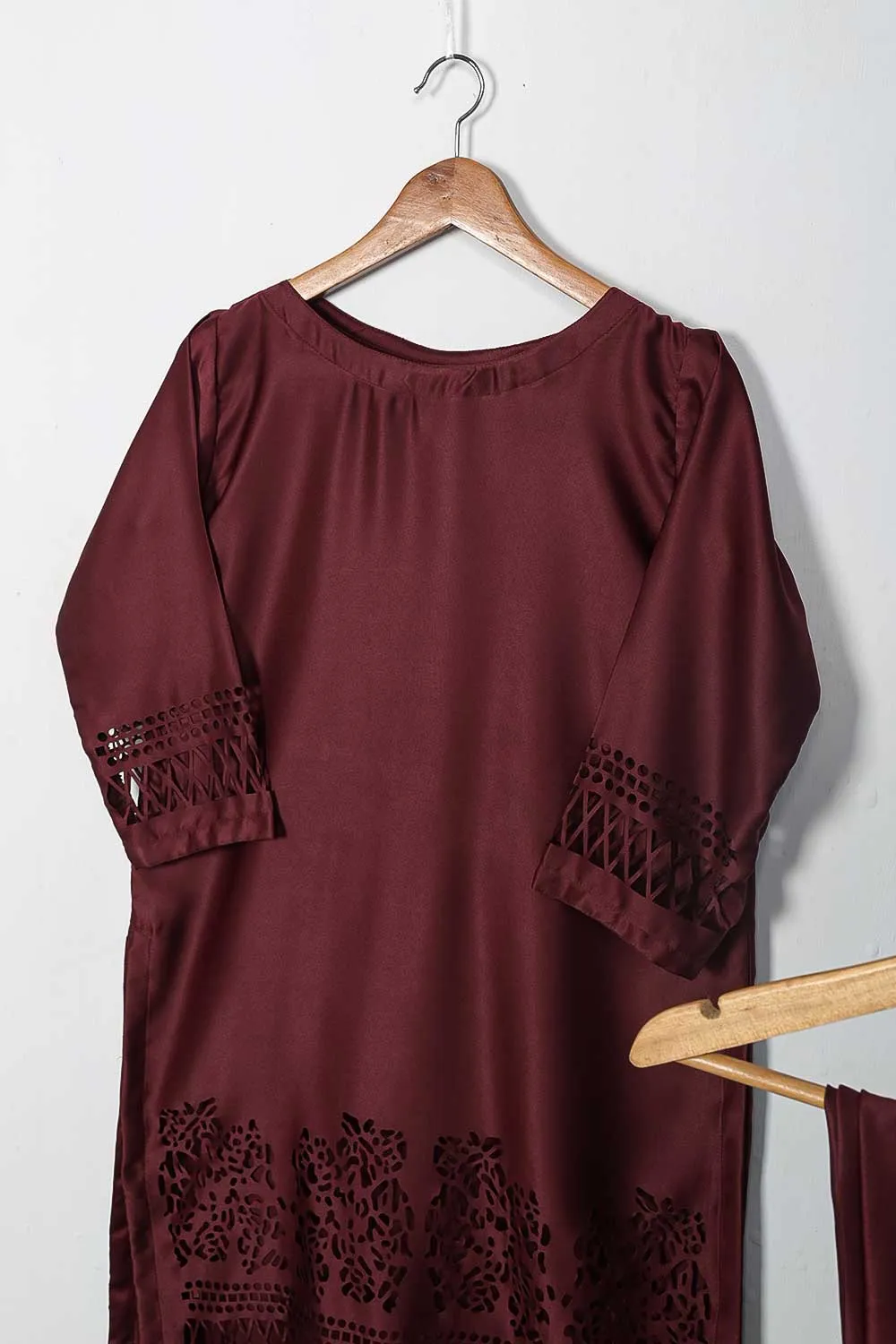 STP-074C-Maroon - 2Pc Silk Laser Cutwork With Silk Trouser