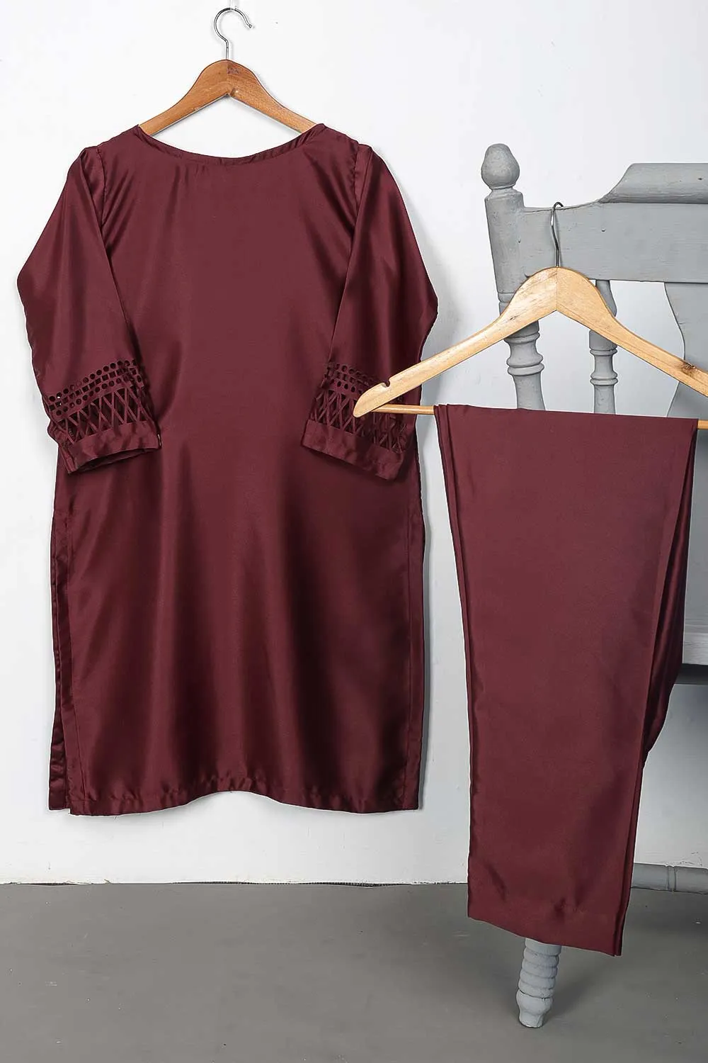 STP-074C-Maroon - 2Pc Silk Laser Cutwork With Silk Trouser