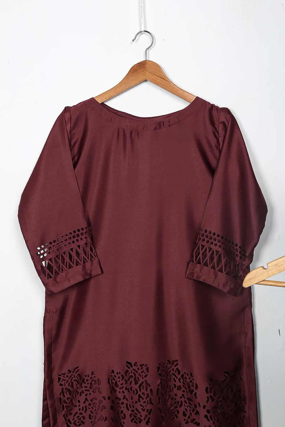 STP-074C-Maroon - 2Pc Silk Laser Cutwork With Silk Trouser