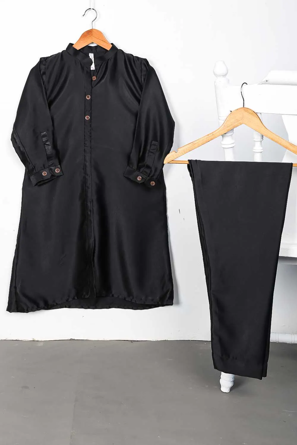 STP-075B-Black - 2Pc Silk Frock With Silk Trouser