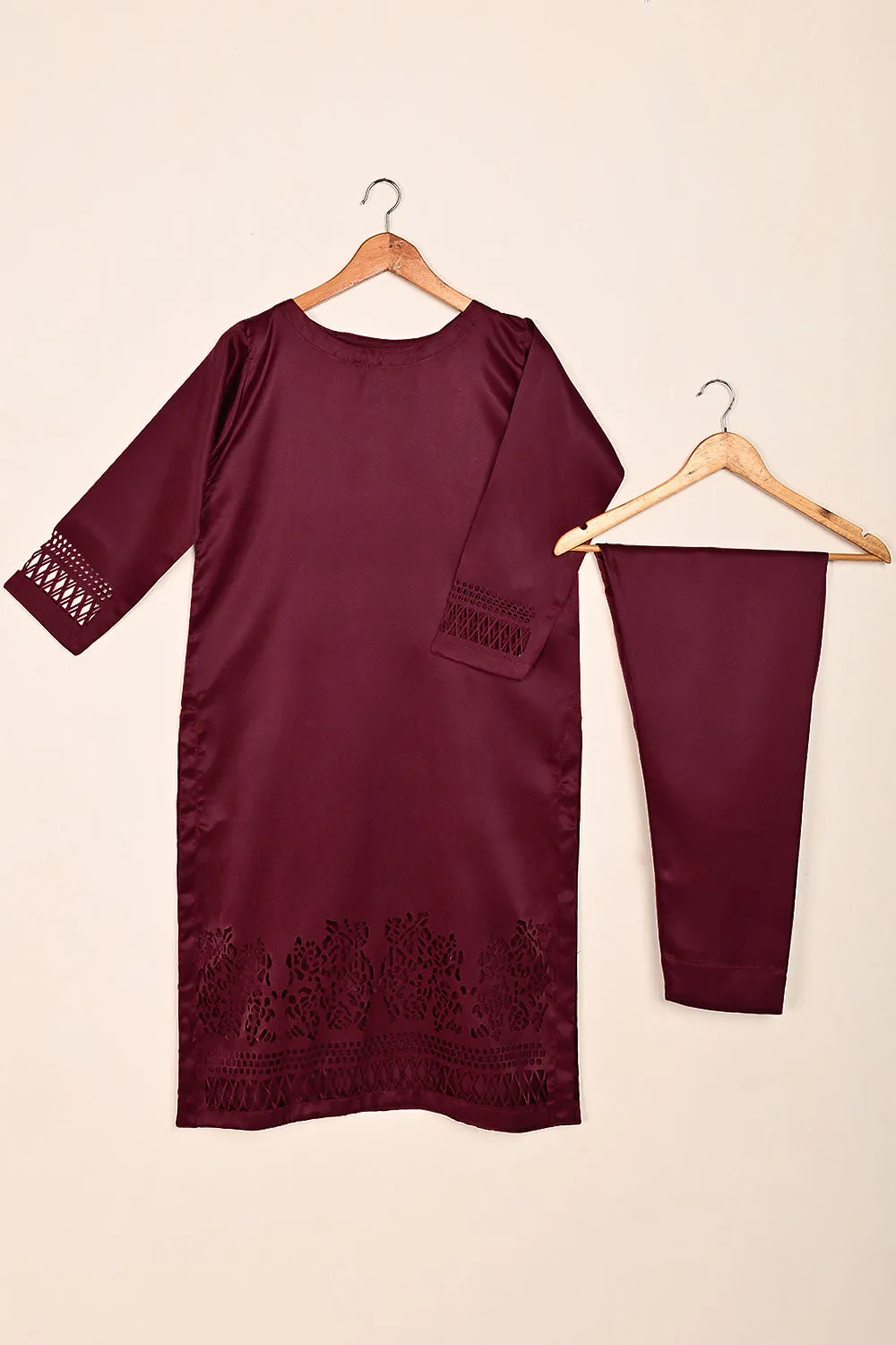 STP-187-Maroon - 2Pc Silk Laser Cutwork Dress