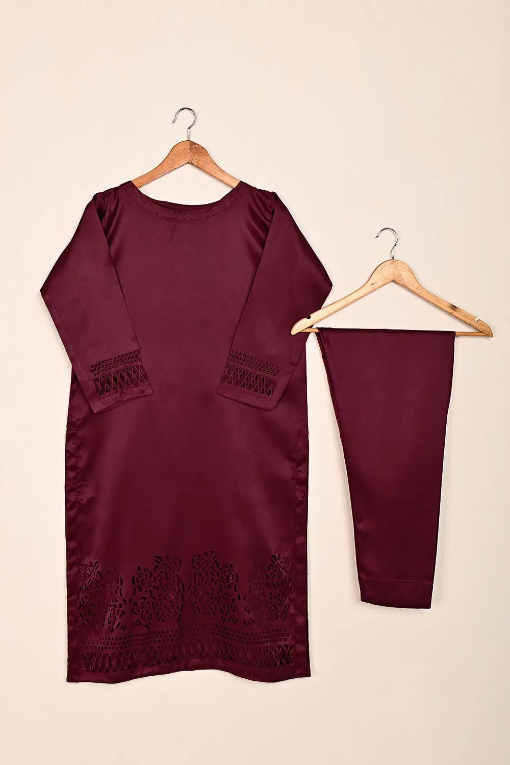 STP-187-Maroon - 2Pc Silk Laser Cutwork Dress