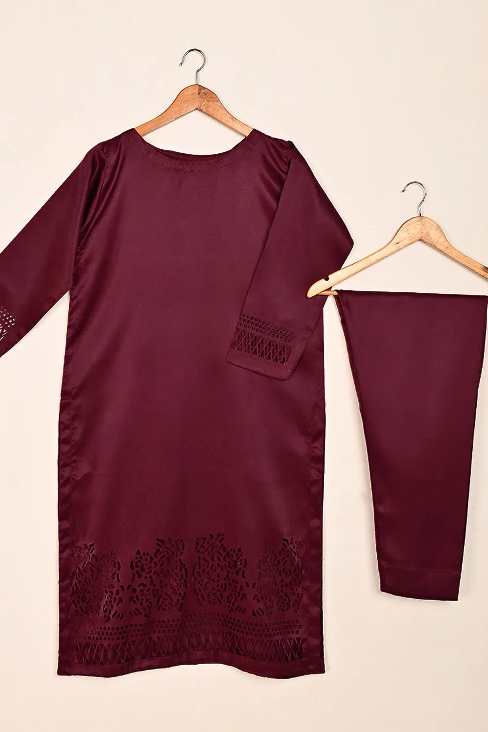 STP-187-Maroon - 2Pc Silk Laser Cutwork Dress