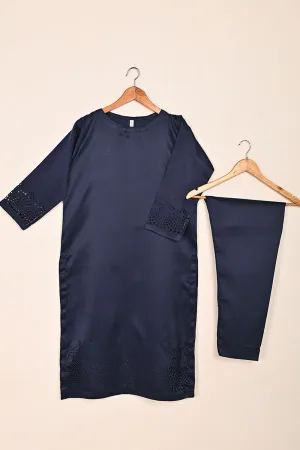STP-188-Blue - 2Pc Silk Laser Cutwork Dress