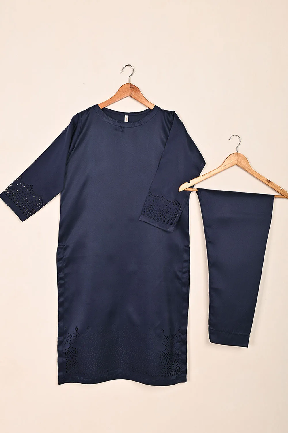 STP-188-Blue - 2Pc Silk Laser Cutwork Dress