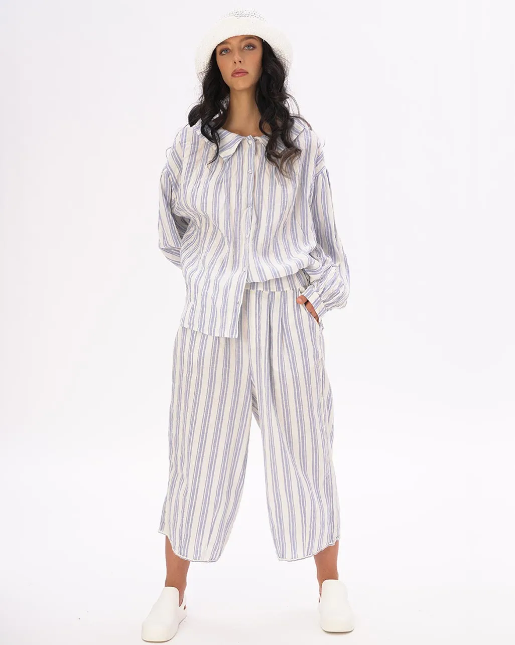 Striped Crinkled Button Up Peasant Shirt