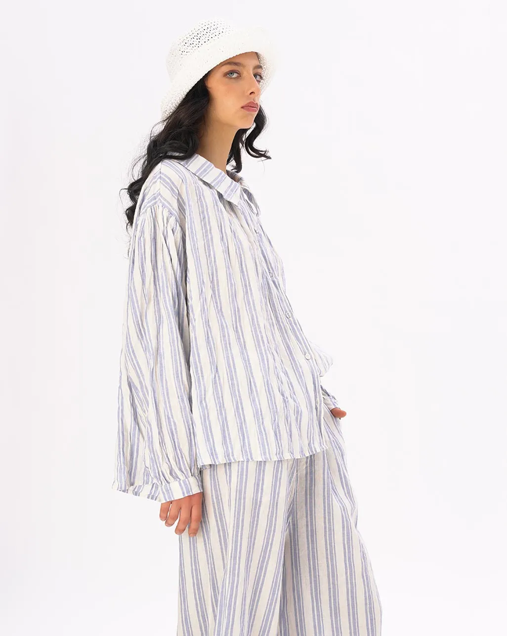 Striped Crinkled Button Up Peasant Shirt