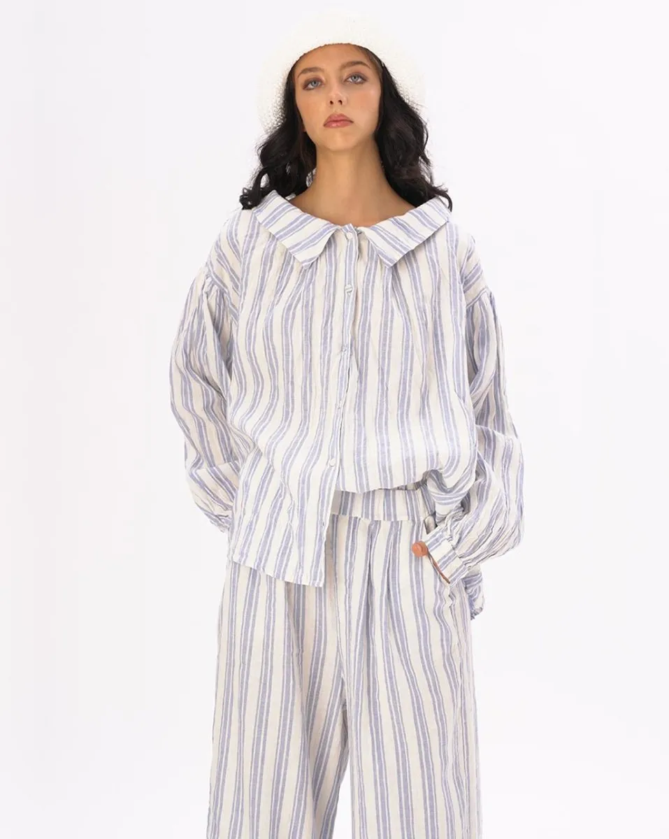Striped Crinkled Button Up Peasant Shirt
