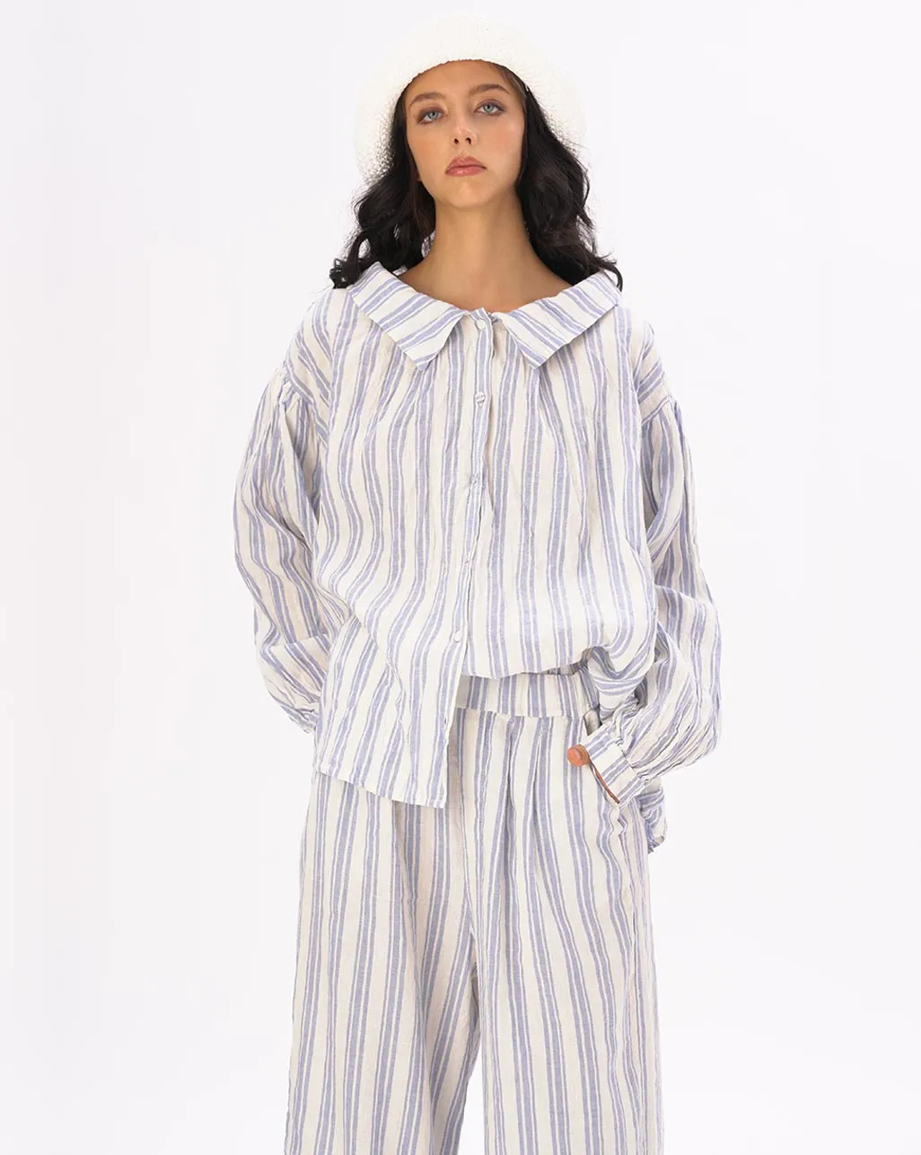 Striped Crinkled Button Up Peasant Shirt