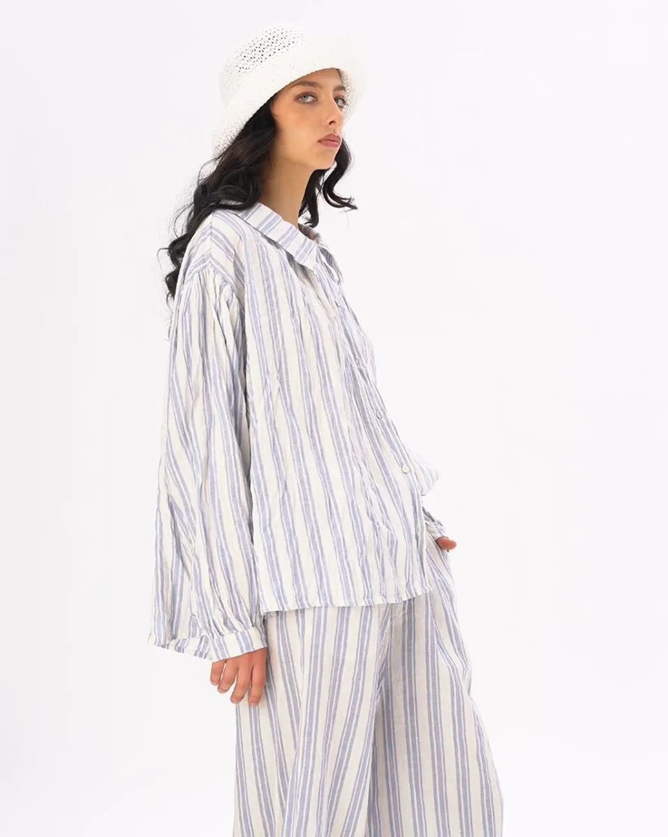 Striped Crinkled Button Up Peasant Shirt
