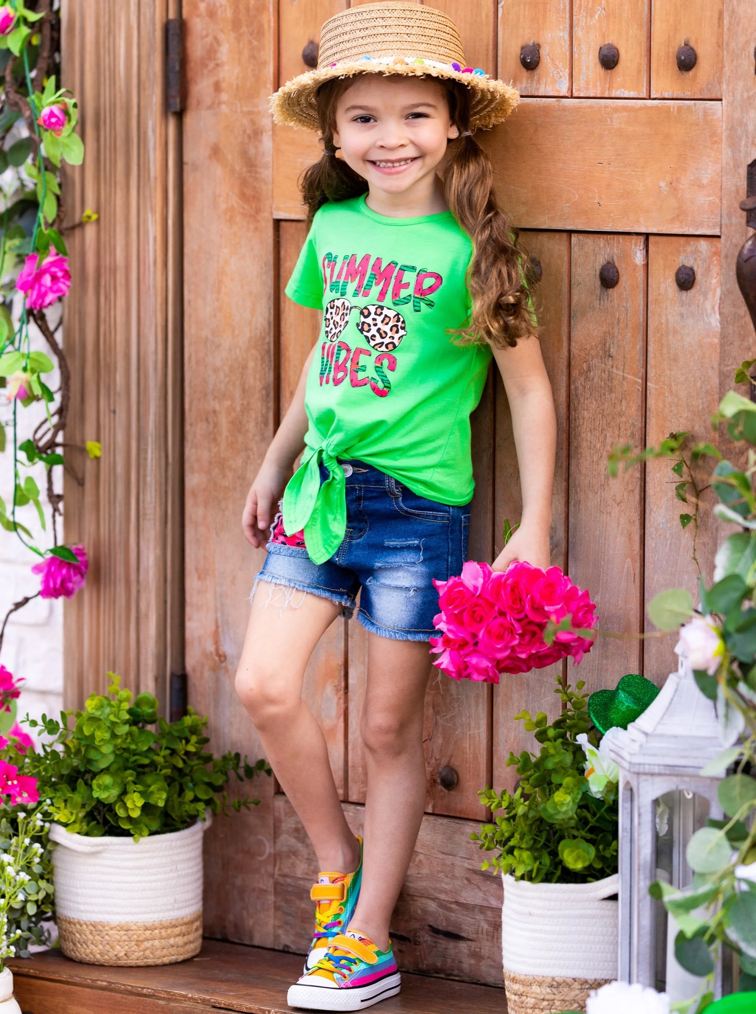 Summer Vibes Patch Denim Shorts Set