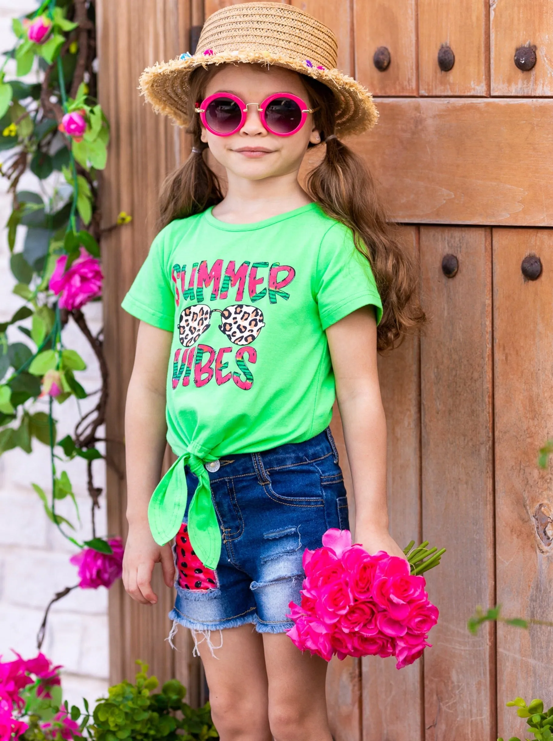 Summer Vibes Patch Denim Shorts Set