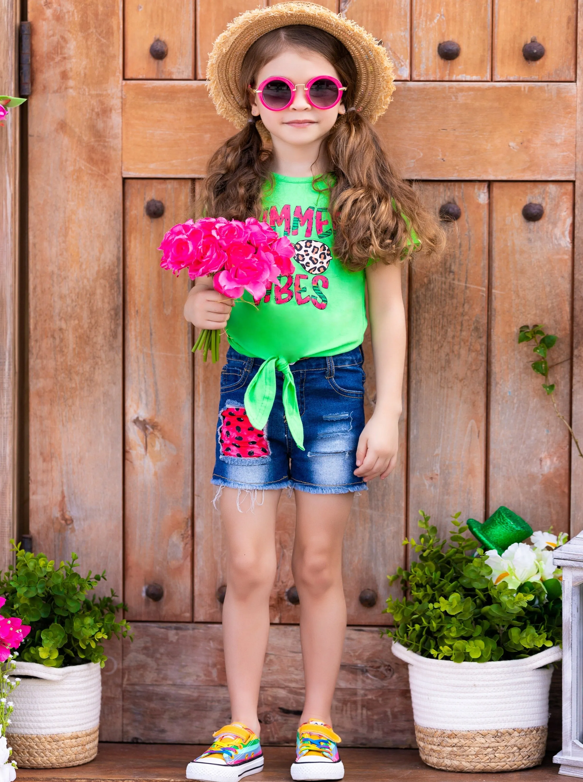 Summer Vibes Patch Denim Shorts Set