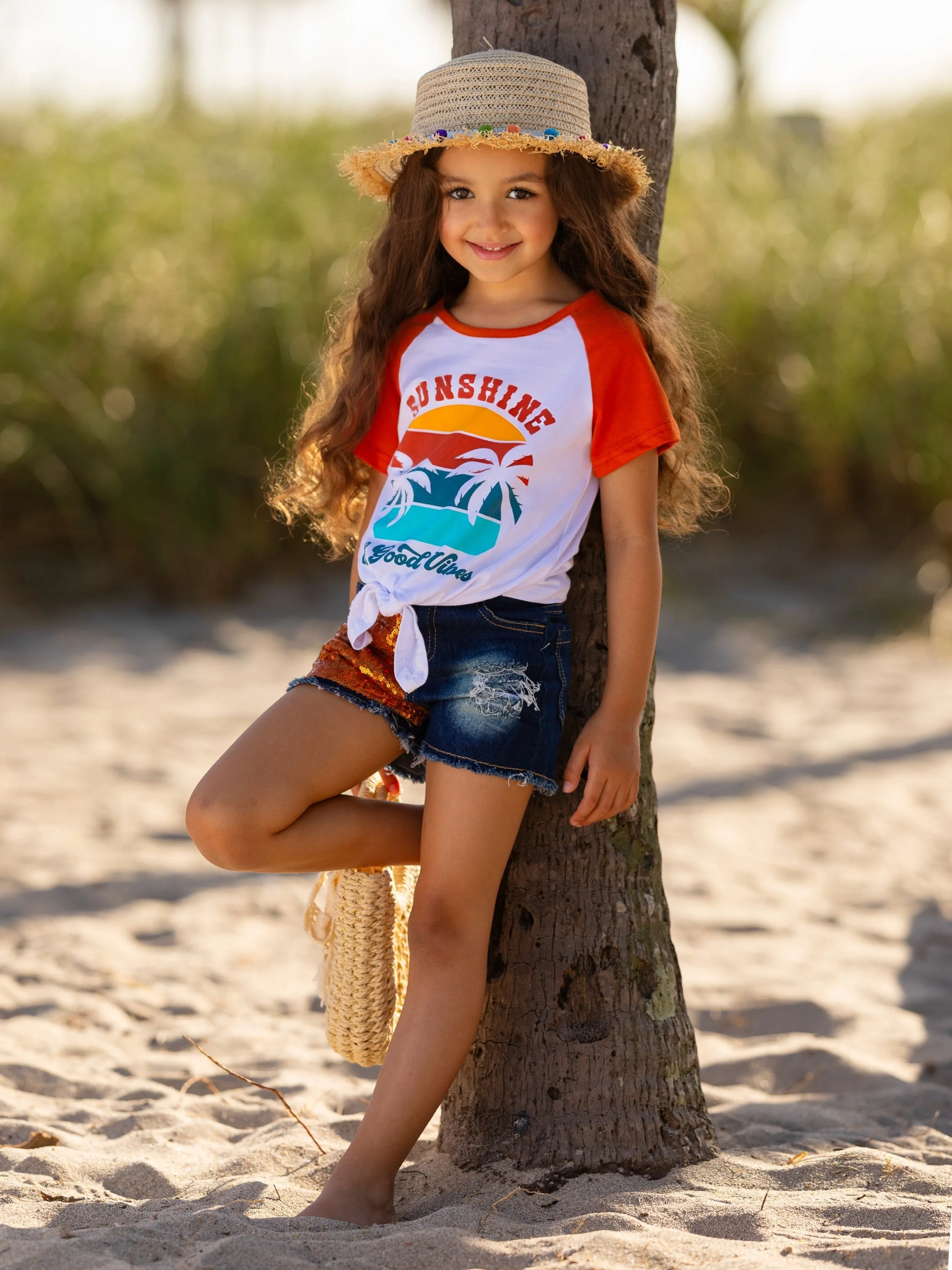 Sunshine and Good Vibes Patched Denim Short Set