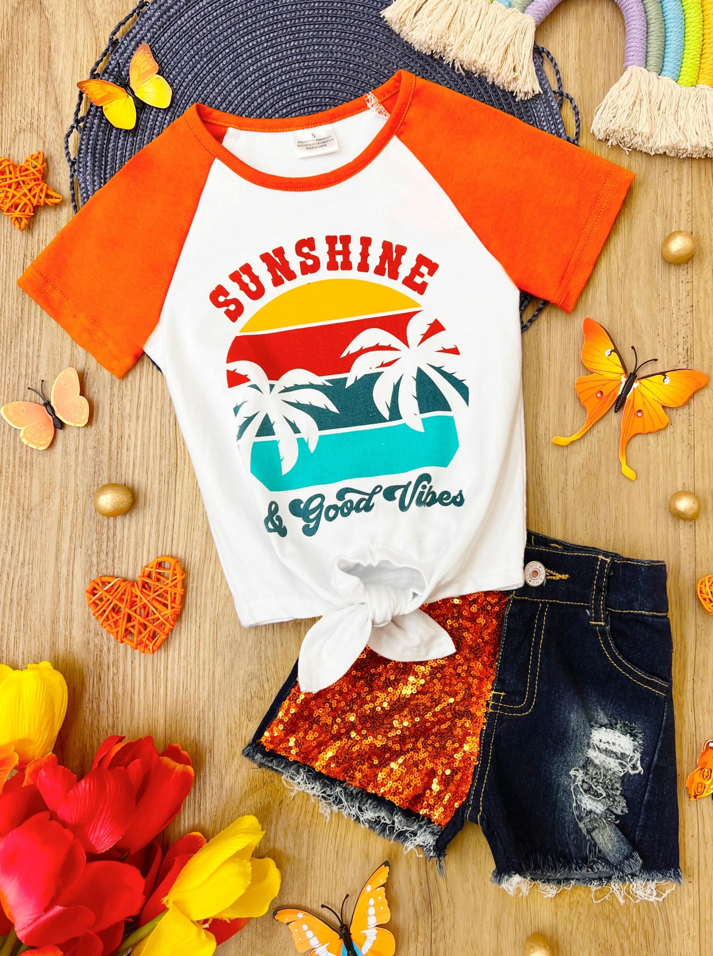 Sunshine and Good Vibes Patched Denim Short Set