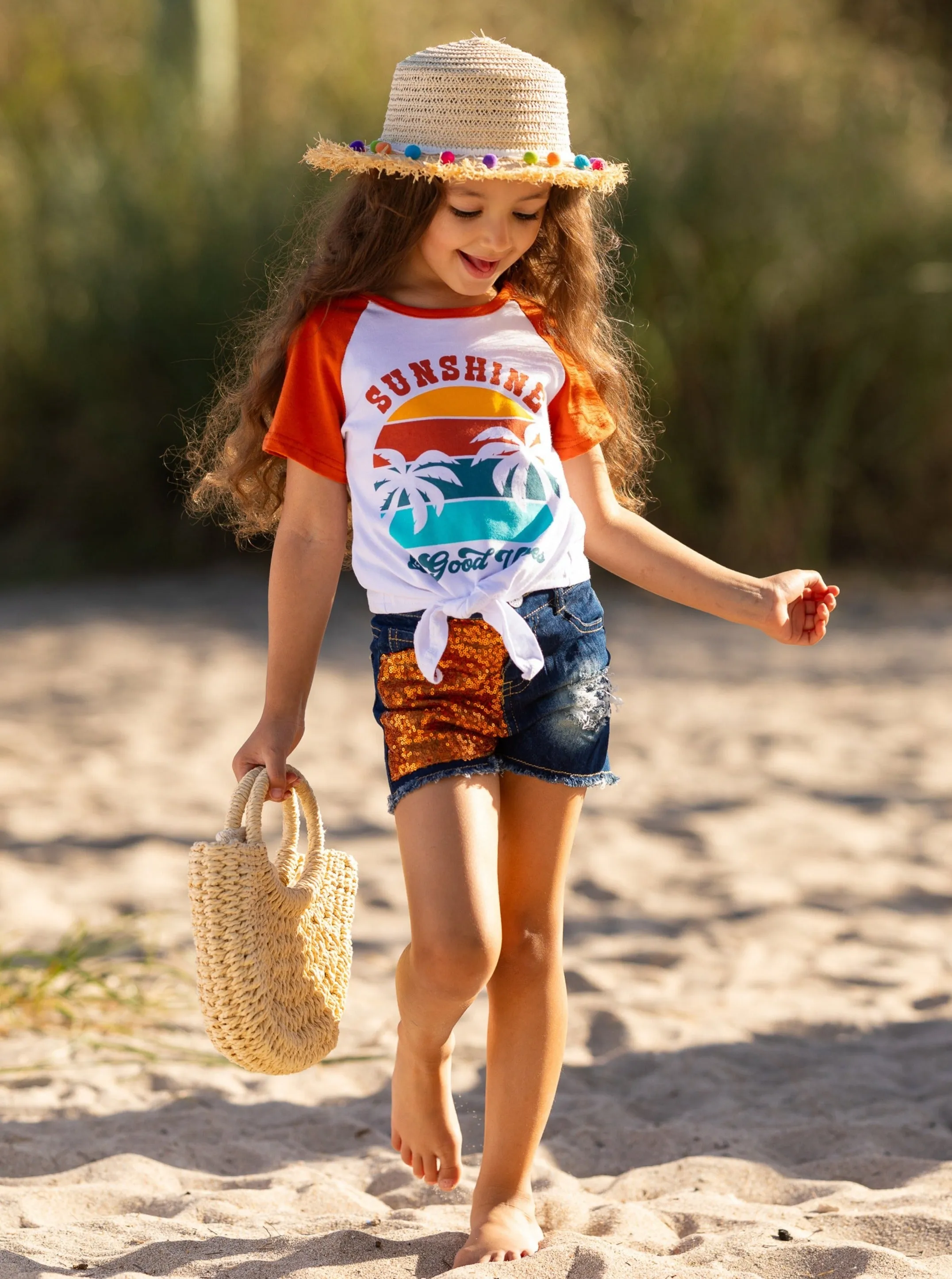 Sunshine and Good Vibes Patched Denim Short Set