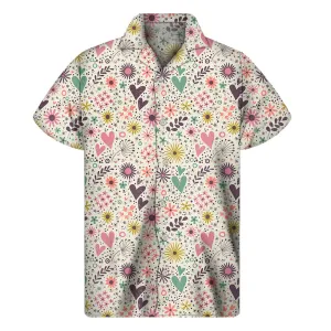 Tropical Vibes: Men's Hawaiian Short Sleeve Shirt with Girly Heart and Flower Pattern